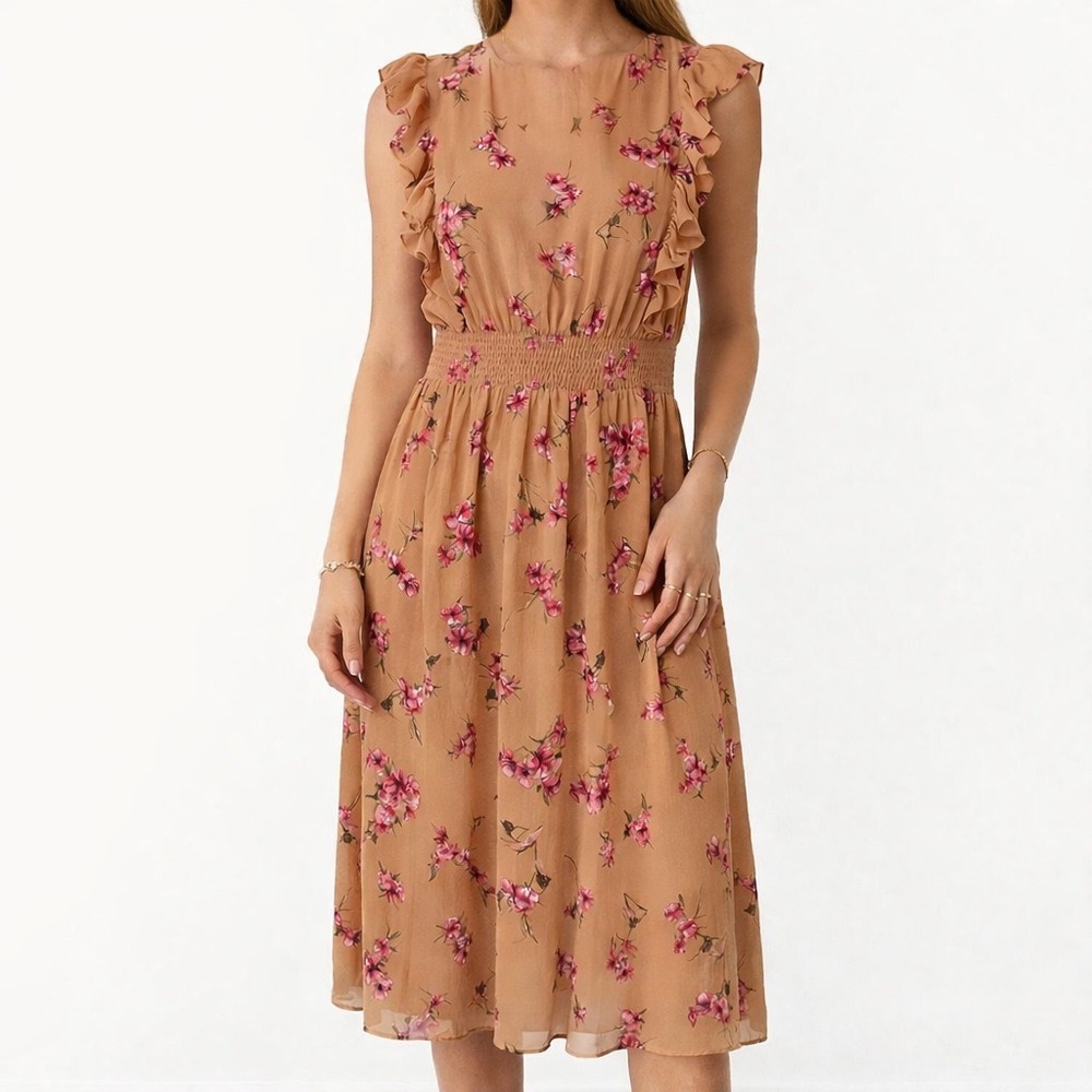Alexia Admor Cafe‎ Floral Smocked Waist Ruffle Midi Dress Tan Pink Size 8 READ